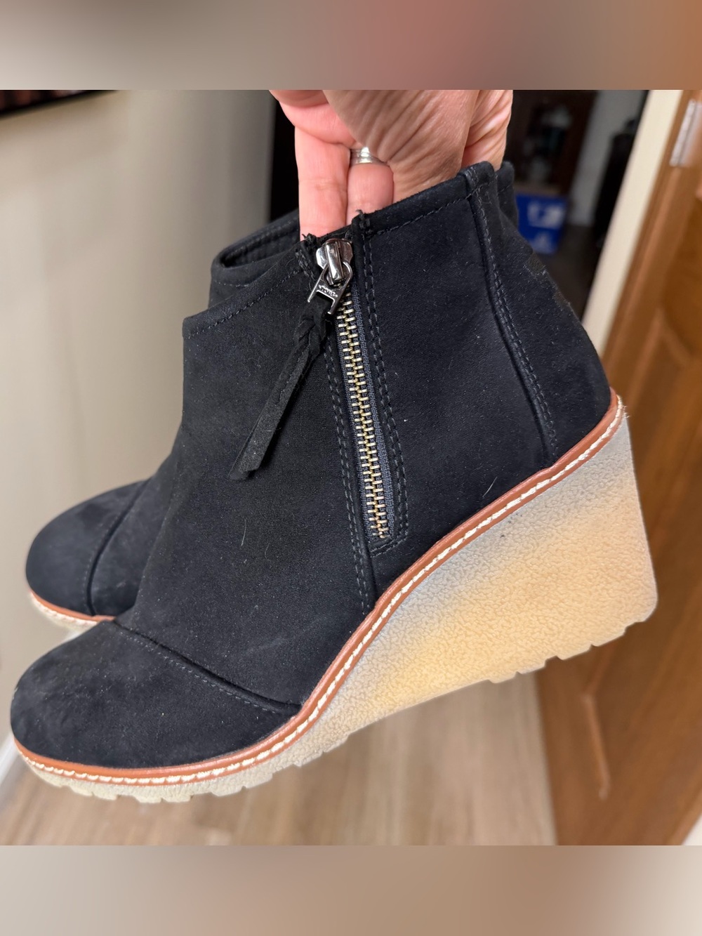 TOMS Black Wedge Ankle Boots Booties Women Size 9 Side Zip NWOB